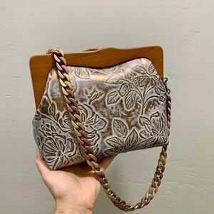 Handmade Genuine Cowhide Floral Embossed, Wooden Frame Bag & 2 Strap Styles